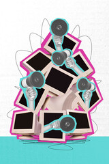 Aufkleber - 3D photo collage template trend artwork sketch of silhoutte pile obsolete computer monitor hands appear hold meaphone proclaim propaganda