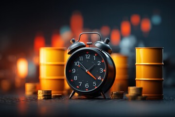 Poster - A close-up shot of an alarm clock, oil barrels, and stacks of coins, highlighting the concept of time is money within the energy sector, investment and trading.