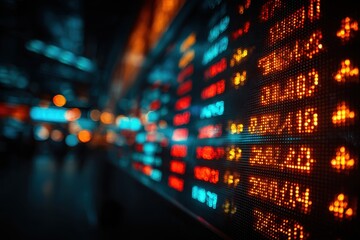 Poster - A blurred close-up of stock market ticker with vibrant blue, orange, and red lights displaying real-time data fluctuations and market trends in a dynamic, modern setting.