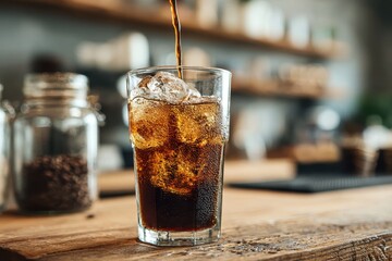 Poster - A refreshing glass of cola filled with ice cubes and being poured, sitting on a rustic wooden bar top, with a blurred background of shelves and decor.