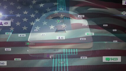 Poster - upon flag sweeping padlock with Capitol dome fading and social icons sliding visualizing growth