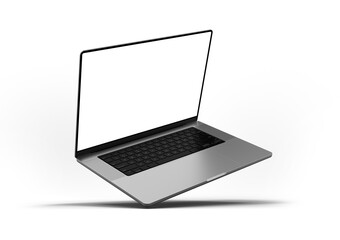 Poster - A laptop with a blank screen floating at an angle against a transparent background, showcasing minimalist design and advanced technology. 3d render