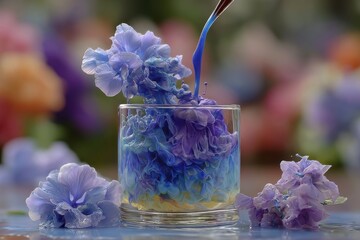 Poster - Artistic liquid infusion creating a beautiful abstract pattern with flowers, featuring a blend of blue, white, and purple colors, shot in a glass container.