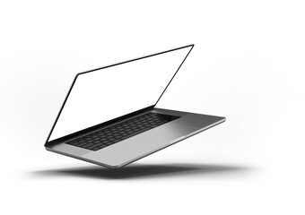 Poster - A laptop with a blank screen floating at an angle against a transparent background, showcasing minimalist design and advanced technology. 3d render