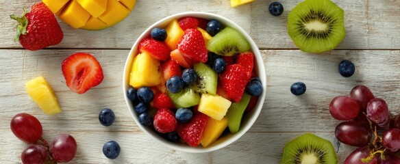 Wall Mural - The vibrant bowl of assorted fresh fruits on a wooden surface