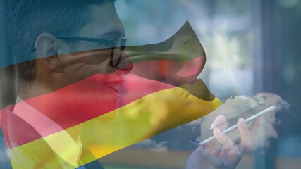 Poster - Professional raising smartphone and speaking in technology demo, animating German flag and clouds