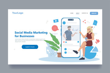 Poster - Businesswoman interacting with digital smartphone screen showing social media analytics, flat style, on white background. Concept of online marketing. Vector illustration