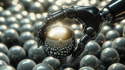 Metallic robot hand holding a reflective sphere amongst many.