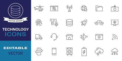 Poster - Technology line icons collection. Included icons as UI, data analytics, cybersecurity, car, rocket, computer, communication and more. Set of 24 icons related to technology. Vector illustration.
