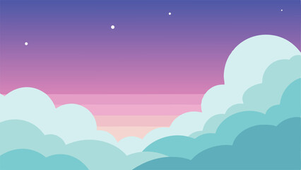 Poster - Cartoon cloudscape illustration with gradient sky and stars for creative designs