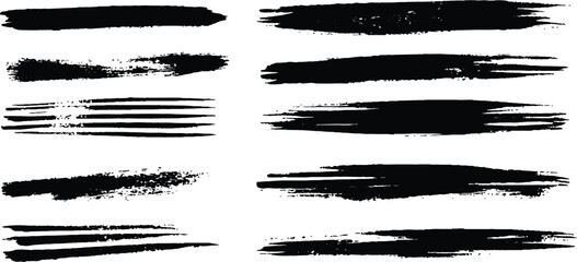 Poster - Horizontal black brush lines of differing thicknesses, isolated on a white background. Set of grunge black ink brush strokes on white background. Abstract black brush strokes for artistic design. 