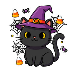 Poster - The cheerful cat features bright yellow eyes, a small pink nose, and is surrounded by charming Halloween elements like candy corn, spiders, and spiderwebs.