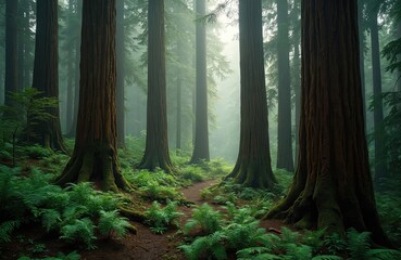Poster - Majestic cedar trees in old-growth forest. Sunlight breaks through dense canopy. Lush green ferns and moss carpet forest floor. Nature eco landscape, healthy environment.