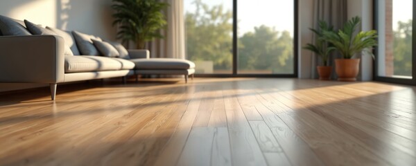 Aufkleber - Modern living room design with wood laminate flooring. Comfortable grey couch near big window with plants. Bright daylight, cozy atmosphere. Home interior with minimalist decor, new apartment.