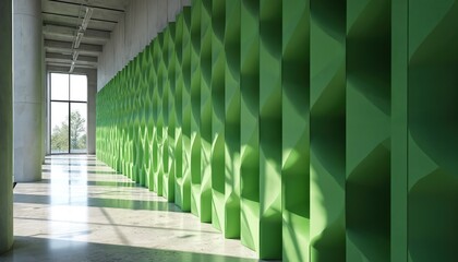 Poster - Modern office interior with green acoustic wall panels. Concrete columns hallway, sunlit space with glass window. Architectural design of soundproof room. Empty office corridor with contemporary