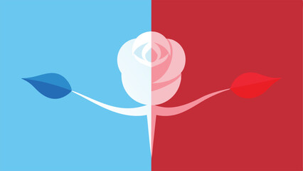 Poster - Minimalist vector illustration of a split-color rose with leaves featuring transparency.