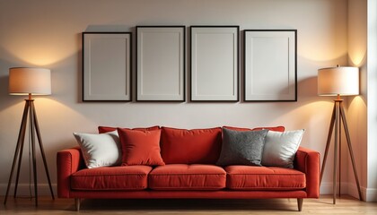 Poster - Interior design living room with sofa and blank picture frames on wall. Modern home decor, stylish space. Lamps on the sides. Comfortable furniture, cozy apartment atmosphere.