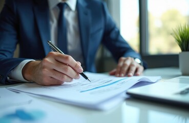 Aufkleber - Business accounting concept. Businessman in blue suit signs financial documents. Auditor, manager, office worker at work desk. Reports for tax analysis, pre-approval quality assessment.