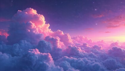 Poster - Abstract illustration neon clouds in a violet night sky. Pink, purple, blue colors with soft glowing. Fantasy universe, digital art for wallpaper, background, banner design.