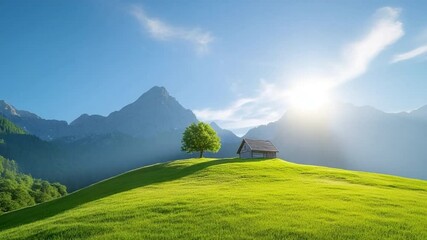 Poster - Tranquil Mountain Vista: A captivating panorama of a quaint cabin and tree nestled on a vibrant green hillside, bathed in the warm embrace of the sun.