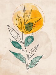 Poster - Minimalistic line art of with green and gold leaves in golden line style