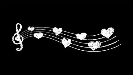 Poster - Musical key with crayon lines and hearts. Fun hand-drawn charcoal childish signs with stamp texture, music white color underline, and hearts for kindergarten kids. Vector card illustration