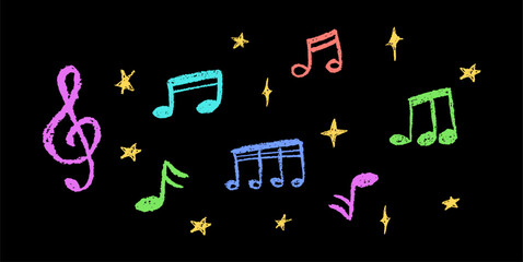 Poster - Vector illustration of colorful music notes and stars in charcoal scribble style. Cute childish music school pastel or wax pencil signs. Handwritten pop elements on black for kindergarten designs.