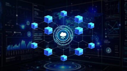 Poster - Data processing technology cloud computing engineering concept. Glowing cloud hologram on digital futuristic office background