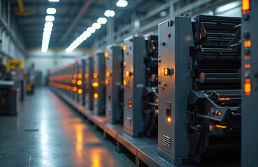 Aufkleber - Row high-tech printing press machines with glowing controls industrial printing facility. Modern print technology equipment. Innovation automation, efficiency in workflow, manufacturing process.