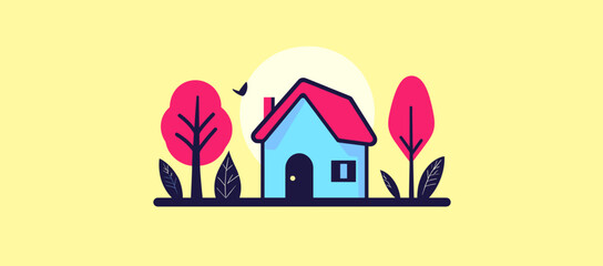 Poster - Stylized House with Pink Trees and a Setting Sun