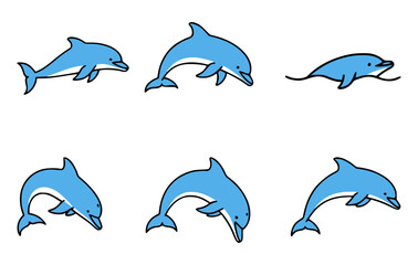  Set of cartoon blue dolphin in various poses swimming on background