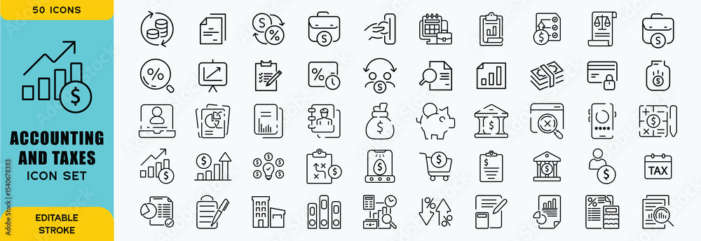 Accounting and taxes line icons collection. Big UI icon set in a flat ...
