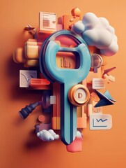 Poster - 3D business success illustration with key strategy keywords and web icon design