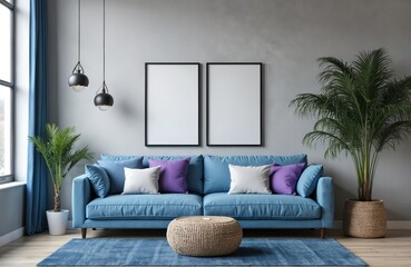 Aufkleber - Modern living room interior. Blue sofa with violet and white pillows, against grey wall. Houseplant, round table, carpet create cozy home atmosphere. Design uses minimalism concept.