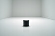 © kaleidoscope - A black cylindrical object sits alone on a reflective white floor in a spacious, minimalist gallery setting