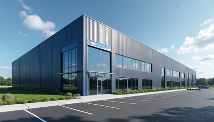 Aufkleber - Modern commercial building located industrial park. Exterior facade design, glass windows, blue sky background. Architecture for business, office, storage warehouse. Parking lot near building. Urban