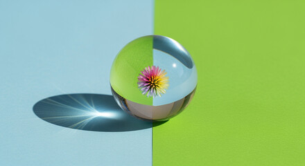 Poster - Clear glass sphere with colorful flower refracting on dual color background