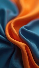 Poster - Abstract image blue, orange silk fabric. Flowing waving cloth with curved lines, soft, shiny material. Artistic design, vibrant color palette, close-up shot. Smooth, satin texture creates sense of