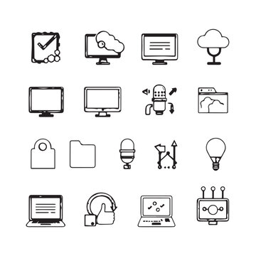 Collection of Hand Drawn Technology and Business Icons in Black and White Outline Style