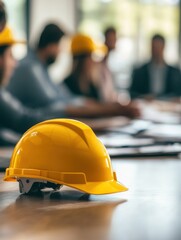 Poster - Yellow hard hat on a table with blurred group of diverse adults in a meeting, concept of construction, safety, and teamwork in a modern office