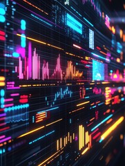 Poster - futuristic digital display of colorful financial graphs, charts, and data visualizations in a dark e