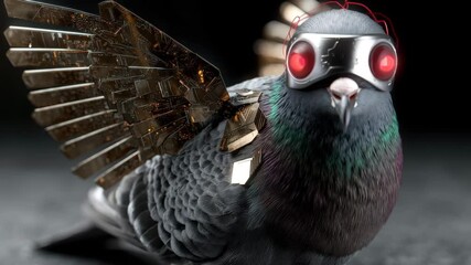 Poster - A pigeon with mechanical wings made of metal plates and glasses with orange glowing eyes standing on a dark background