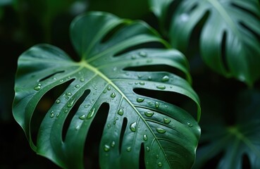 Poster - Close-up rich green tropical leaf with water drops, nature background. Dark green monstera plant leaf texture with water drops after rain. Fresh organic nature design.