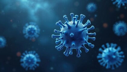 Poster - Illustration of blue virus cells floating against dark background. Scientific, medical microbiology theme. Microscopic view of virus, infection concept. Coronavirus, flu outbreak, pandemic, disease.