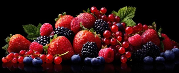 Wall Mural - The vibrant display of mixed berries on a glossy black background.