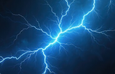 Poster - Illustration depicts blue lightning bolts against dark background. Electric storm creates powerful, dramatic effect. Energy burst, plasma effect,. Symbol of nature, electrical power, danger.