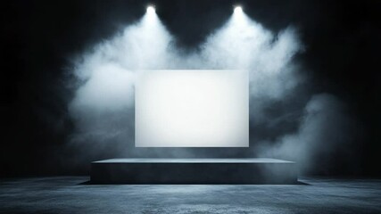 Poster - Spotlighted Presentation: A blank canvas suspended in a smoky, theatrical setting, illuminated by overhead spotlights, offering an open space for creative concepts, designs, and ideas.