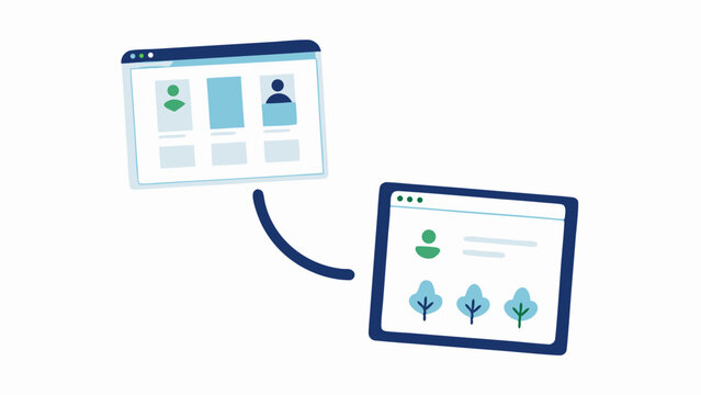 Two screens showing user interfaces connected by a curved line on a white background illustration