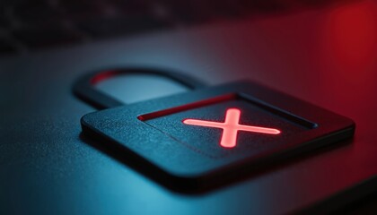 Aufkleber - Glowing red X symbol inside padlock on black surface. Failed login alert. Represents security breach error. Concept of data protection, cyber crime, online safety.