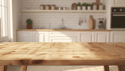 Poster - Empty Wooden Table On Blurred Kitchen Bench - A Minimalistic Scene Of A Wooden Table And Blurred Kitchen Background
